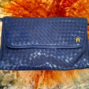 Blue Leather Woven Clutch with Gold Accent